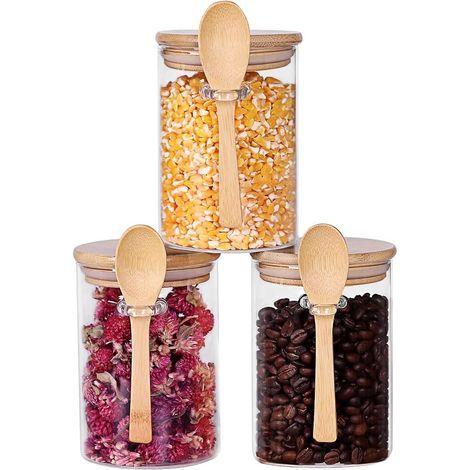 Bocal avec cuillère, bocal en verre avec cuillère, 500 ml (17 oz), lot de 3 récipients à café, pots à épices hermétiques pour herbes et assaisonnements, bocaux en verre avec couvercles en bambou (1/5)