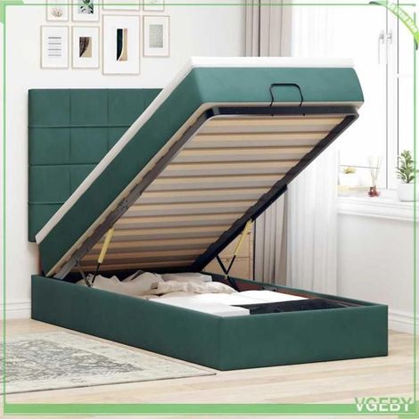 Cadre de lit ottoman avec matelas - 3314297 - Velours vert foncé - Couchage 90x200 cm - Rangement sous lit (hydraulique) (1/5)