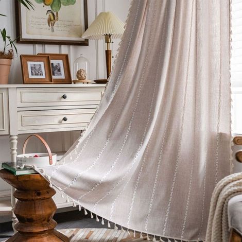 Draperies en Lin à Broderie Bohème - Couleur Sable/Khaki - avec Franges Décoratives - Style Maison de Campagne