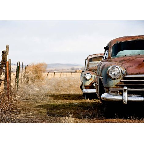 Tableau vintage voiture abandonnée | Tableau marron & beige voiture ancienne pour couloir | Tableau sur toile salon & chambre 0,7 x 0,5 m (1/2)