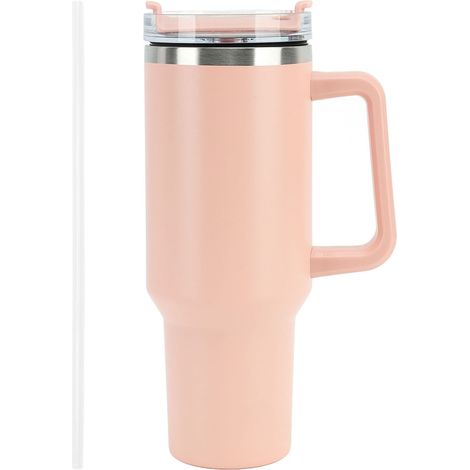 Gourde isotherme en acier inox 40 oz avec paille et poignée, tasse voyage rose pour café