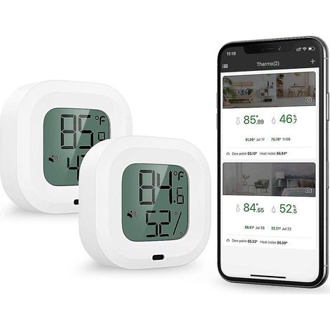 Thermomètre-hygromètre Bluetooth 5.0, lot de 2, contrôle sans fil via application, surveillance précise de la température et de l'humidité, capteur avec écran, bouton et alerte. (1/5)