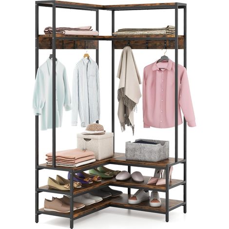 COSTWAY Stand Appendiabiti Angolare, Appendiabiti a Forma L con Ripiani Aperti 7 Ganci e Panca per Scarpe, Struttura in Metallo e Piedini Regolabili, per Camera da Letto Guardaroba, 90x90x178 cm,Caffè (1/5)