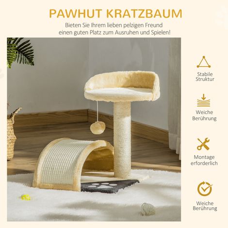 Katzenhaus 46 cm. Kleiner Katzenkratzbaum mit Höhle, Spielball, Sisalseil, erhöhter Plattform, Kratzbaum und Kletterbaum, für Katzen bis 4 kg, beige. (1/5)