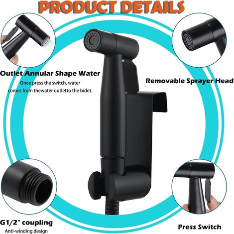 Spruzzatore bidet in acciaio inox con valvola a T G1/2 e adattatore G3/8 per igiene personale, nero - ALTRO (1/4)