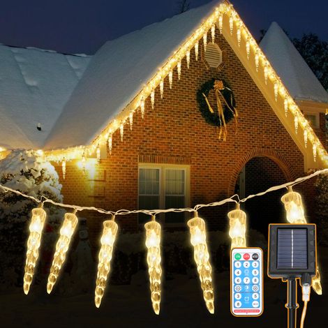 Jiubiaz Guirnalda luminosa solar para exterior, 10 m, 80 LED en forma de carámbanos, 8 modos, blanco cálido 2800 K, batería recargable, IP44 (1/5)