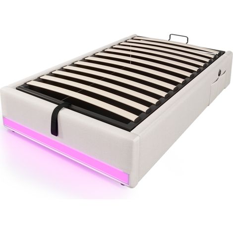 Cama tapizada 90x200 cm beige con LED, USB y Type-C, arcón hidráulico (1/5)