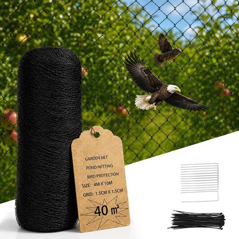 Filet de protection contre les oiseaux 4 x 10 m sur rouleau - Maille étroite (1,5 x 1,5 cm) - Filet anti-oiseaux avec 50 serre-câbles et 10 ancrages au sol - Anti-enchevêtrement - Filet pour pigeons (1/5)