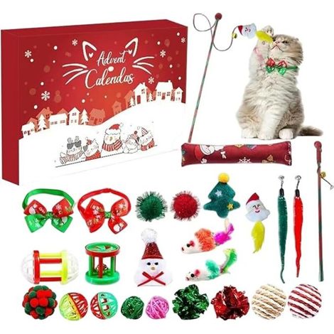 Juguetes interactivos para gatos, un encantador calendario de Adviento navideño de 24 días que incluye un juguete para gatos y una pajarita. (1/4)