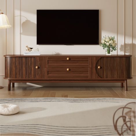 Meuble TV moderne en bois - 170x39,5x46 cm - Avec 2 tiroirs et 2 portes coulissantes - Pieds en bois - Finition bois - MDF - Marron (1/5)