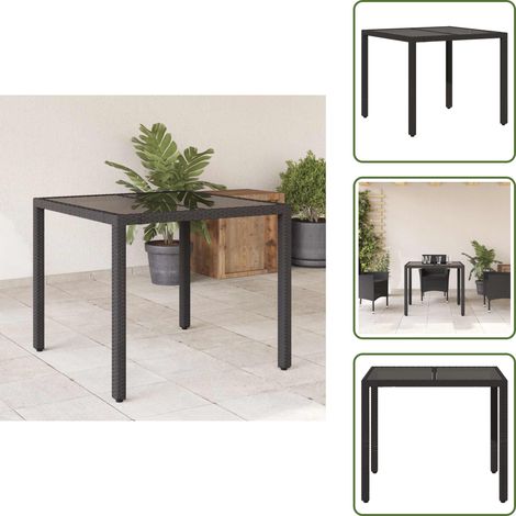 The Living Store Tavolo da Giardino Piano in Vetro Nero 90x90x75 cm Polyrattan - Tavolo in vetro