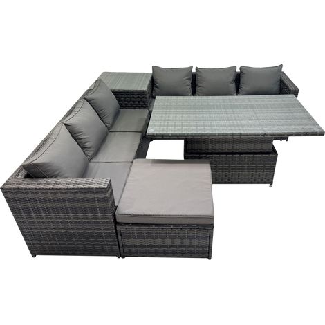 Fimous 7 Seater Outdoor Corner Sofa Height Adjustable Rising Lifting Table Set Garden Rattan Furniture Set with Big Stool Dark Grey (1/5)