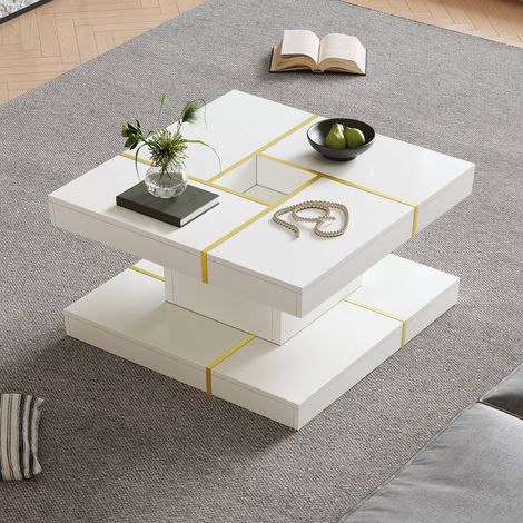Table basse carrée, 80 x 80 x 38 cm, 2 niveaux avec niche centrale et liserés dorés, en panneaux de particules, pour salon, Blanc (1/5)