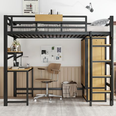 Eisenbett, Hochbett, Mit Doppeltür-Kleiderschrank, Treppe mit Handläufen, Mit Schreibtisch und Aufbewahrungsregal, Oberes Bett mit Ablagefächern, Eisen + MDF