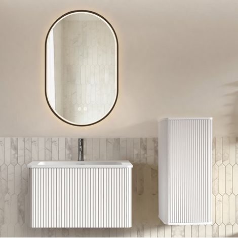Conjunto de muebles de baño con lavabo, armario lateral y espejo LED, 80 cm, blanco (1/5)