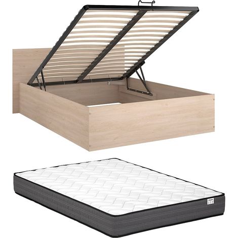 Lit coffre 140 x 190 cm - Coloris : Naturel + Matelas - VELONA
