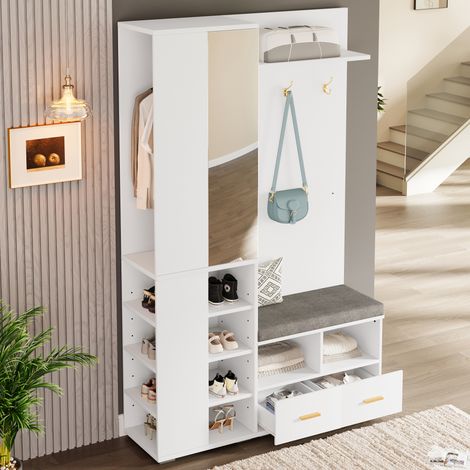 Garderobenset Wandgarderobe, Flurschrank mit Spiegel, Kleiderstange, Schuhbank mit durchbrochenem Regal, 3 Haken, 2 Schubladen und Ablagefach, Weiß, 120x35x190 cm.