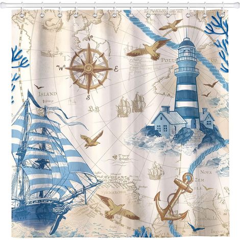 Rideau De Douche, Bateau à Voile Style Nautique Lavable 182x182 cm Imperméable Polyester Rideau De Bain pour Baignoire, Salle De Bain Décor avec œIllets Et 12 Crochets (1/5)