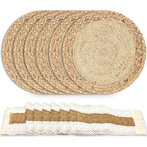 Set aus 6 Tischsets im Bohème-Stil, handgewebtes Gras-Design, Baumwollleinen mit Pompons in Primärfarben, Landhausstil, perfekt für Hochzeiten und Restaurants.