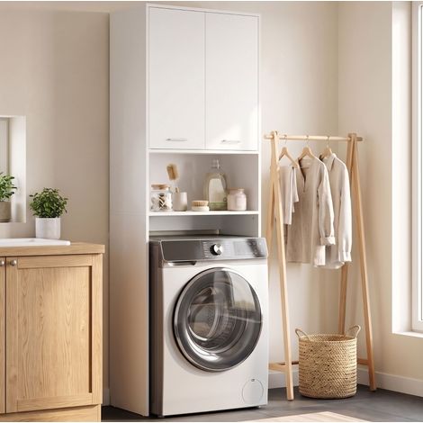 Meuble au-dessus de lave-linge, colonne de rangement salle de bains avec 2 portes, niche ouverte, 66 x 24 x 191 cm, blanc, bois, charge 25 kg, avec espace inférieur – CHICFURN (1/5)