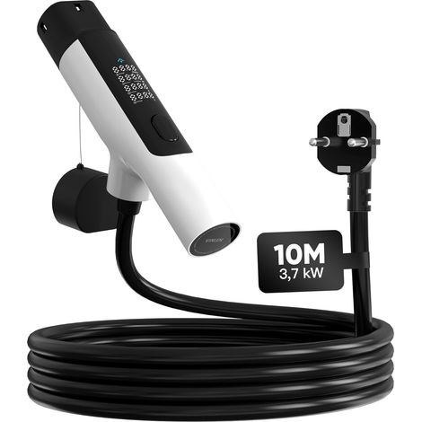Electric Car Charger Type 2 3.7kW IP65, 10 m [8/10/13/16A] - Reinforced Schuko Plug, LED Display Integrated in Gun, Compatible with 5E-Tech, Model Y, ë-C3, Scénic E-Tech, e-208 and Other EV/PHEV (1/5)