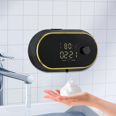 Automatisch Seifenspender Wandmontage mit Typ-C-Ladekabel,Ohne Bohren, 450ml Schaumseifenspender Sensor Soap Dispenser 3-Stufen-Schaumbildung (Schwarz) (1/5)
