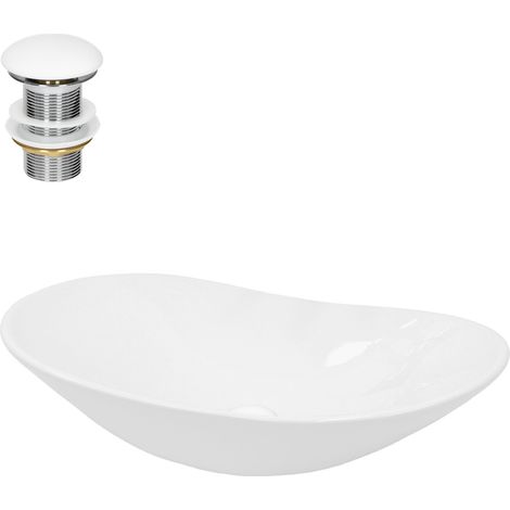 ECD Germany Lavabo Cerámico Blanco Ovalado 640x365x130 mm para Baño con Juego de Desagüe sin Rebosadero Agujero de Conexión Estandar Lavamanos Sobre Encimera Diseño Moderno Fregadero Pila con Drenaje (1/5)