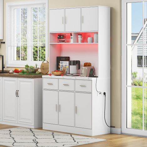 Küchenbuffet, Küchenmöbel, Küchensideboard, Wohnzimmerbuffet, Esszimmerbuffet, mit LED-Beleuchtung und Steckdosen, verstellbaren Einlegeböden, 100x40x180cm (Weiß)