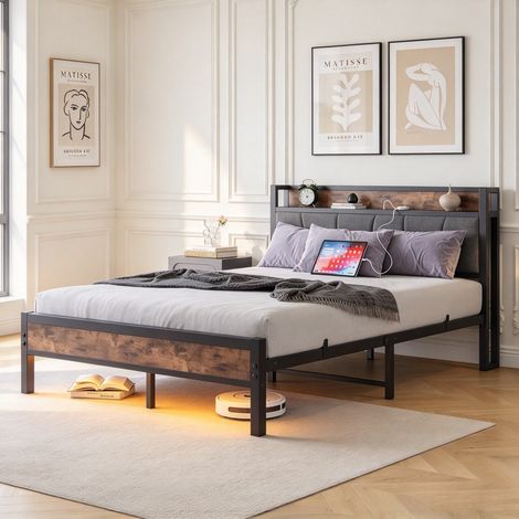 Lit 120x200 cm avec éclairage LED-USB Type-C-Cadre de lit en métal,Lit Moderne pour Adolescent avec sommier à Lattes,pour Chambre d'amis,Montage Facile,Brun (1/5)