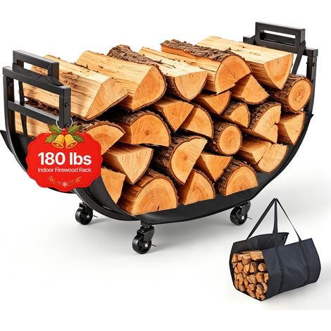 VEVOR Range-buches Interieur 80,5x28,5x53 cm Porte-buches Mobile Metal Noir pour Cheminee, Terrasse, Charge 80 kg, Structure Acier Carbone, Support a Bois Chauffage 4 Roulettes Pivotantes avec Freins (1/5)
