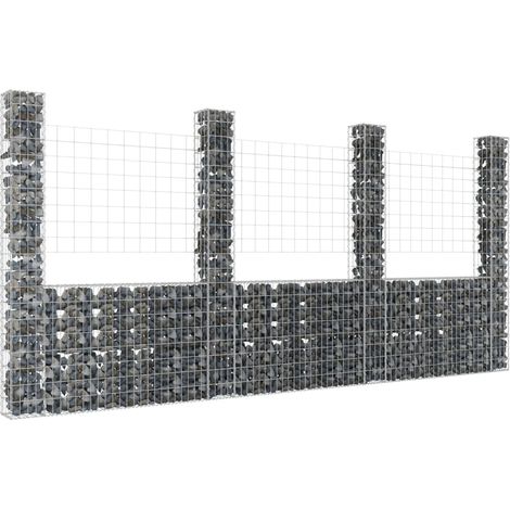 Panier de gabion Mur en gabion Clôture de gabion en forme de U avec 4 poteaux Fer 380x20x200 cm 44272 (1/5)