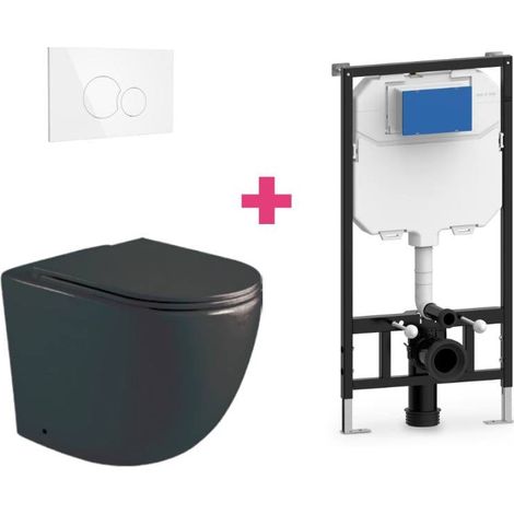 Hänge-WC GENOVA Komplett-Set schwarz mit runder weißer Drückerplatte