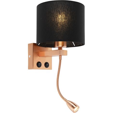 QAZQA Applique con braccio flessibile brescia combi - Art déco - Tessuto,Acciaio - Nero/Rame - Tondo (non sostituibile) LED Max. 1 x 1 Watt
