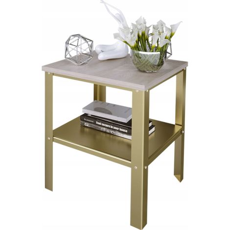 Mesita de noche atornillada con estante, ideal para dormitorio tipo loft, 40x40x45 cm, color oro + roble Sonoma. (1/4)