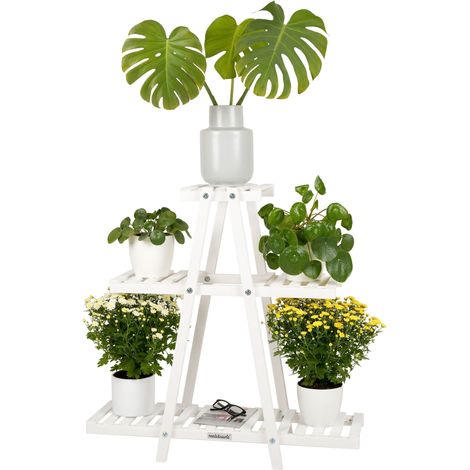 needs&wants® Pflanzenständer Blumenständer aus Holz wetterfest für Indoor Outdoor Balkon Garten draußen innen Wand, Pflanzenregal Blumentreppe, 83 x 28 x 83 cm hoch, weiß