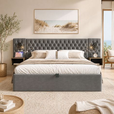 Lit coffre 160x200 cm avec 2 chevets, lampes de lecture USB et Type-C, tête de lit, velours, gris