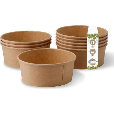 50 pièces, bol carton kraft, 650 ml, revêtement PLA, biodégradable, pour restauration et livraison à emporter