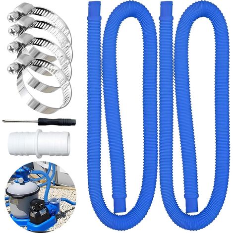 Manguera de piscina de 150 cm, Ø32 mm, con 4 clips metálicos de seguridad, color azul (1/5)