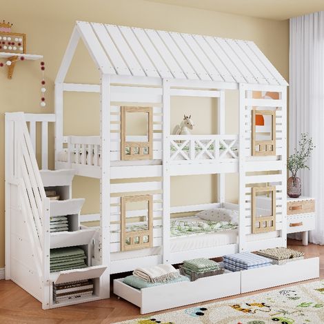 Lit superposé enfant 90x200 cm avec tiroirs et escalier de rangement, lit cabane avec fenêtres, structure en bois, Blanc et Naturel (1/5)