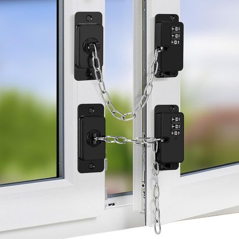 Ein Set aus zwei verstellbaren Fensterbegrenzern und einem Kühlschrankschloss mit Kindersicherung, geeignet für Türen/Schränke, schwarz.