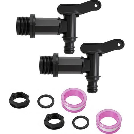 Lot de 2 robinets pour récupérateur d’eau de pluie, robinet en plastique 3/4 pouce avec joints, écrou de fixation et ruban d’étanchéité – Accessoire pour tonneau d’eau, réservoir de pluie et cuve en p (1/5)