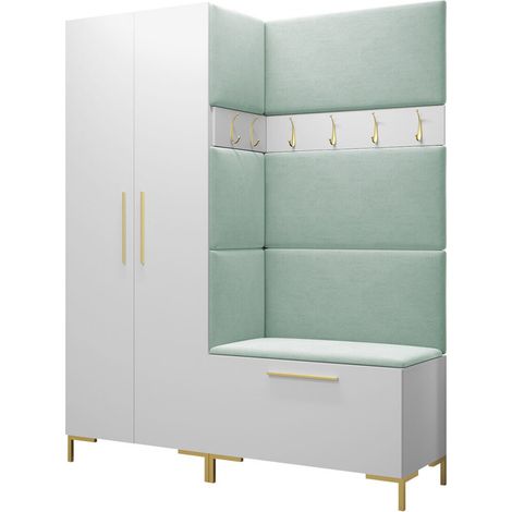 Meuble d'entrée Nomal I, Blanc, 196x158x44cm, Stratifié, Tissu, Murale, À poser