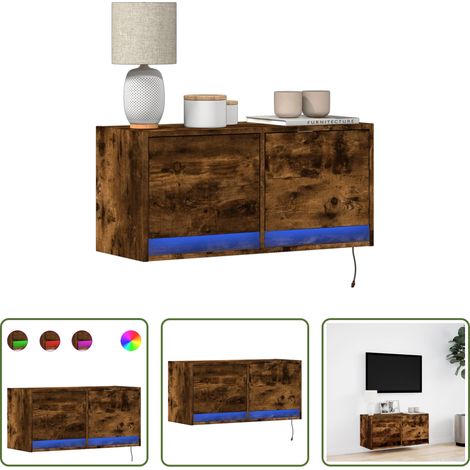 Armoire TV murale - Meuble TV mural avec lumières LED chêne fumé 80x31x35 cm (1/5)
