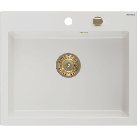 Mexen Elix lavello in granito 1-vasca 600 x 500 mm, bianco, sifone dorato - 6525601005-20-G (1/5)