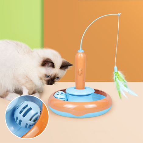 Jouet Chat Plume Automatique - Rotatif 360° avec Cloche, Base Stable, Piles AAA, Orange Bleu, pour Exercice et Jeu Intérieur (1/3)