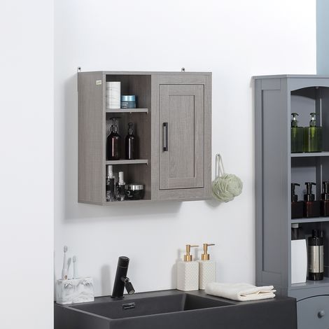 Kleankin Wandhängender Badezimmerschrank mit 3 offenen Regalböden und 1 Tür, modernes Hängemöbel, 48 x 20 x 50 cm, Grau