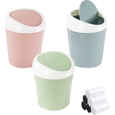 3PCS Petite Poubelle Mini Bureau Poubelle, Mini Poubelle en Plastique de Table Avec Couvercle Basculant et 6 Roulettes - Design Compact - 10 x 12 x 17 cm