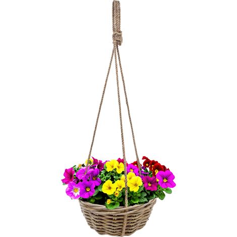 Rattan Blumenampel shabby chic mit Folie - 30cm - Weide Hängeampel mit Naturkordel zum Hängen - Pflanzkorb Blumenkorb