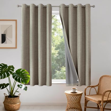 100% Thermal Insulated Blackout Curtain, Anti-Cold and Heat 140 x 175 cm, 2 Pieces, Linen Effect Opaque Curtains with Eyelets, Anti-UV, Noise Proof, Bedroom Home Living Room Decoration – Natural Linen (1/5)