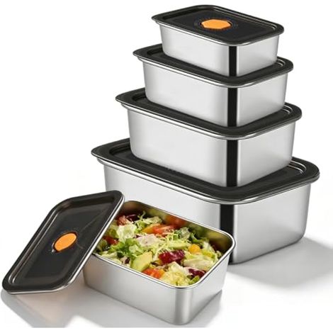 4 Pièces Bac Inox Alimentaire, Boîtes De Conservation Alimentaire, Boîtes De Rangement Hermétiques, Étanches Avec Couvercles, Bac Inox Pour La Cuisine Et Le Garde-Manger, 1l+2l+3l+4.3l (1/5)